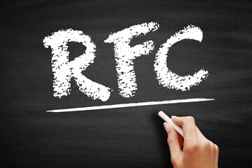 RFC Request for Comments - publication in a series, from the principal technical development and standards-setting bodies for the Internet, acronym text on blackboard