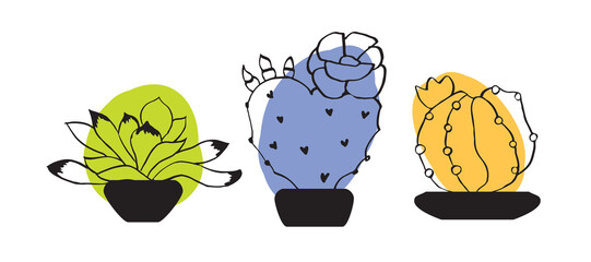 Doodle set with different cacti in flowerpots. Vector background. Hand drawn style