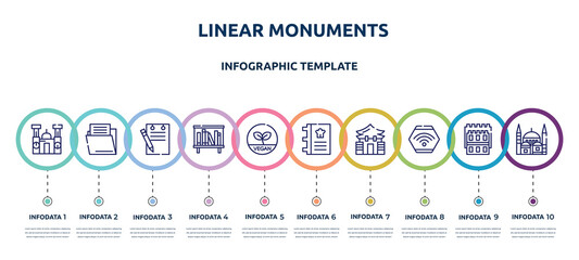 linear monuments concept infographic design template. included cathedral of morelia, file folder, padnote, bookshelves, vegetarian, cookbook, memorial hall, wifi connection, blue mosque icons and 10