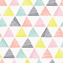 Seamless hand drawn geometric pattern with color striped triangles