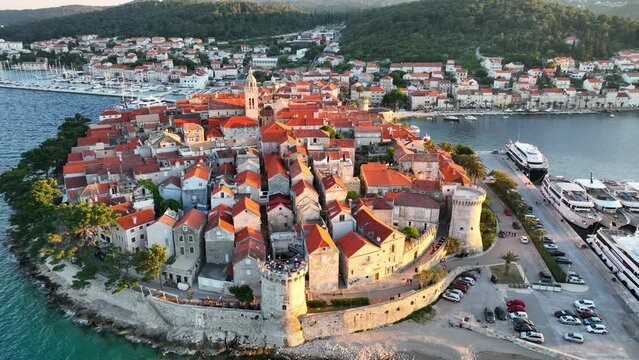 Korcula old town in Croatia, vacation in the Mediterranean on the Adriatic seacoast, ancient Croatian town of Korcula with colourful rooftops and medieval fortifications