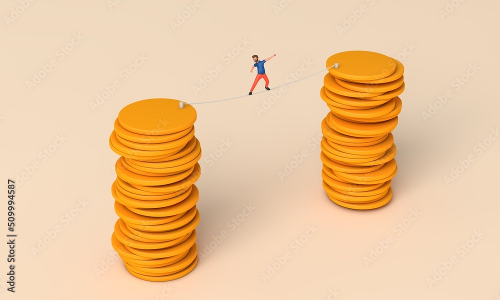 Aufkleber man balancing on a tightrope between two stacks of coins. 3d rendering