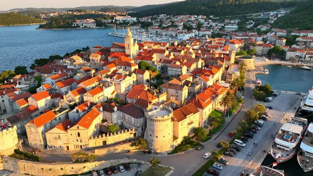 aerial view of medieval mediterranean Croatian town of Korcula, vacation on the Adriatic seacoast, ancient Croatian town of Korcula in Dalmatia