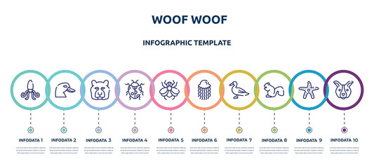 woof woof concept infographic design template. included giant squid, duck head, tiger head, spots ladybug, big fly, swimming jellyfish, wild duck, sitting squirrell, dog face icons and 10 option or