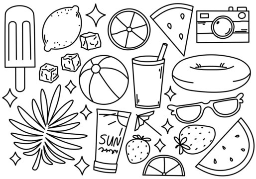 Set of lineart summer holiday items on white background 