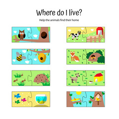 Matching children educational game. Where do animals live. find animal house. Animal puzzles. Connect two pictures. game for preschoolers - obrazy, fototapety, plakaty