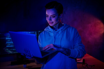 Photo of busy beautiful online worker wear hipster outfit chatting modern gadget smiling indoors workplace workshop © deagreez