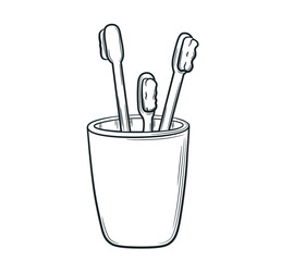 Hand drawn toothbrushes in a glass. Hygiene item in doodle style. Morning routine outline. Isolated vector illustration.