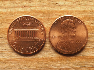 currency of the USA 1 cent coin, obverse showing Lincoln portrai