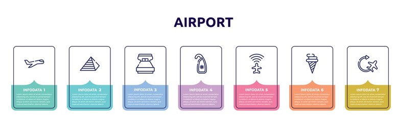 airport concept infographic design template. included aviation, null, king size, hang, airport flight info, icecream cone, airplane icons and 7 option or steps.