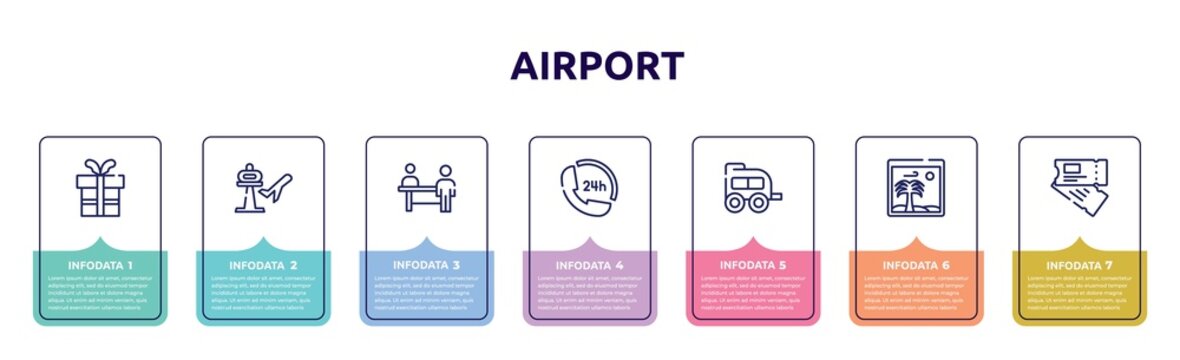 airport concept infographic design template. included birthday gift, airport, persons in an airport, 24 hours phone attention service, two window carriage, vacation images, airplane flight ticket
