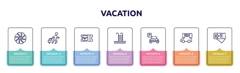 vacation concept infographic design template. included ventilation, traveler at the airport, boarding card, swimming pool ladder, parking hotel, rent a car, airplane tickets icons and 7 option or