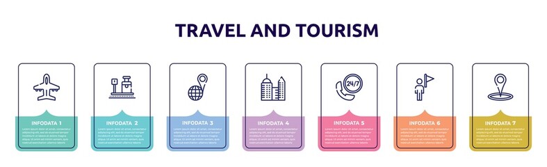 travel and tourism concept infographic design template. included plane diagonal, travelling baggage weight, geolocated place, modern hotel, hotel phone, tourist guide, place point icons and 7 option