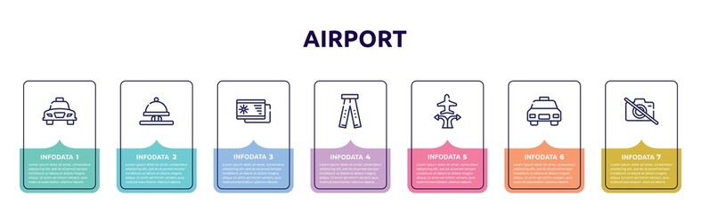 airport concept infographic design template. included taxi transportation, hotel bell ringing, beach postcard, ripped jeans, airplanes and arrows, taxi frontal vehicle, no photos icons and 7 option