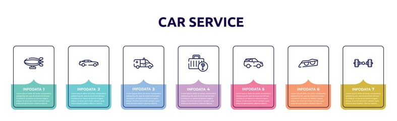 car service concept infographic design template. included airship side view, car side view, ambulance side view, lost and found, electric car lights, axle icons and 7 option or steps.
