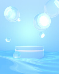 3d rendered water bubbles and podium.