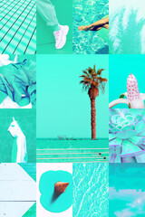 Set of trendy aesthetic photo collages. Minimalistic images of one top color.  Aqua Menthe tropical moodboard