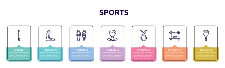 Naklejka premium sports concept infographic design template. included glowstick, boxing shoe, shin, karateka, nobel prize, bench press, padel icons and 7 option or steps.