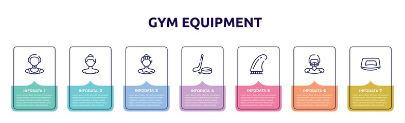 gym equipment concept infographic design template. included waterpolo player, null, gymnast, puck, fin, hockey player, push up icons and 7 option or steps.