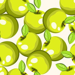 Seamless pattern with apple on color background. Natural delicious fresh ripe tasty fruit. Vector illustration for print, fabric, textile, banner, design. Stylized apples with leaves. Food concept
