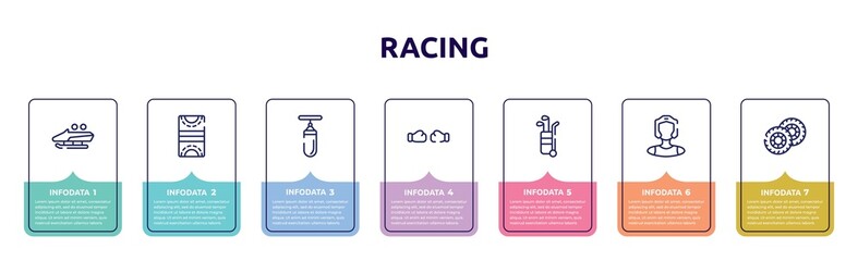 racing concept infographic design template. included bobsled, hockey pitch, sand bag, punching, golf caddy, kickboxer, pit icons and 7 option or steps.