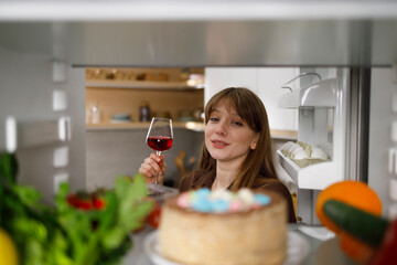 Drunk woman with a glass of red wine chooses food in the fridge