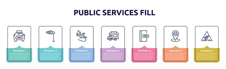 public services fill concept infographic design template. included solar taxi, wind flag, slip, jitney, emergency door, placeholder point, wet floot icons and 7 option or steps.