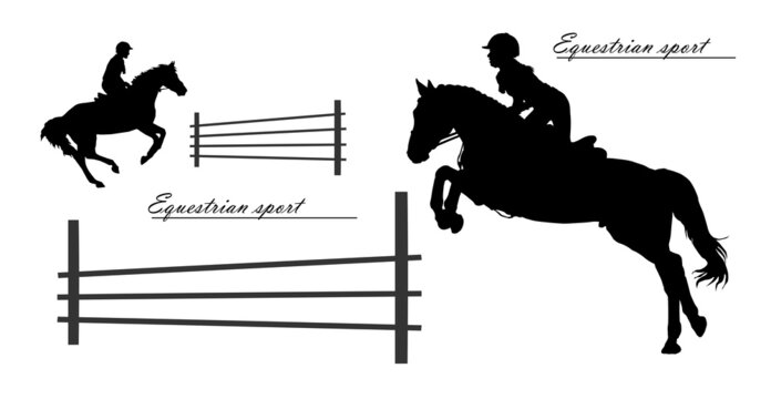 a set of silhouettes. a rider jumping over an obstacle on a horse, isolated images, a black silhouette on a white background.