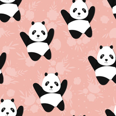 Fototapeta premium Seamless pattern with cute panda baby on color floral background. Funny asian animals. Card, postcards for kids. Flat vector illustration for fabric, textile, wallpaper, poster, gift wrapping paper