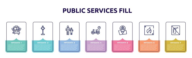public services fill concept infographic design template. included bus front with driver, traffic, father and child, bike parking, taxi stop, fire triangular, no can icons and 7 option or steps.