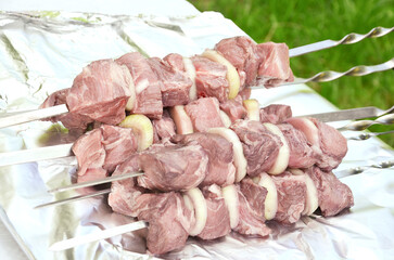 outdoor shashlik, shashlik on skewers, picnic,beef, shashlik