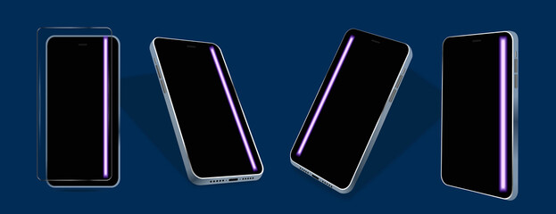 Mobile phone tilted from four sides on a blue background. Smartphone with black glass and glare on the screen. Realistic modern phone presentation