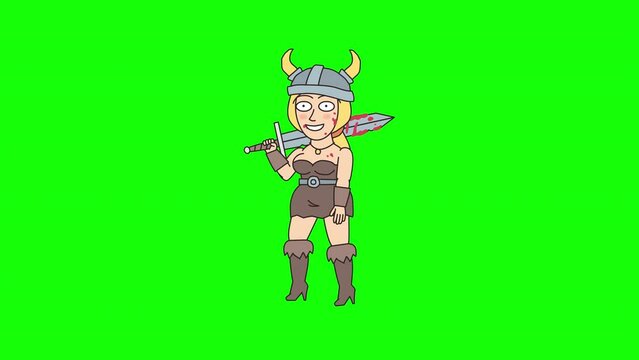 Viking woman holding bloody sword and walking. Green background. Alpha channel. Looped animation