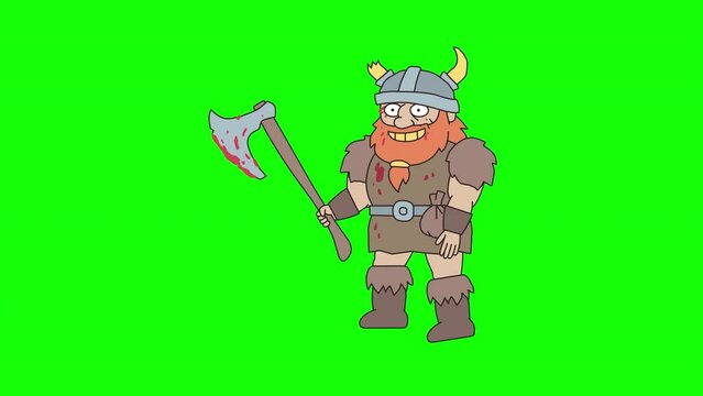 Viking man holding bloody ax and walking. Green background. Alpha channel. Looped animation