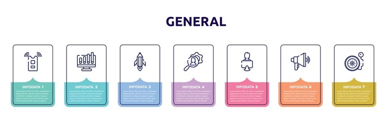 general concept infographic design template. included active sensor, ar graph, creative pencil rocket, hr services, coworking, advertising agency, inflate tire icons and 7 option or steps.