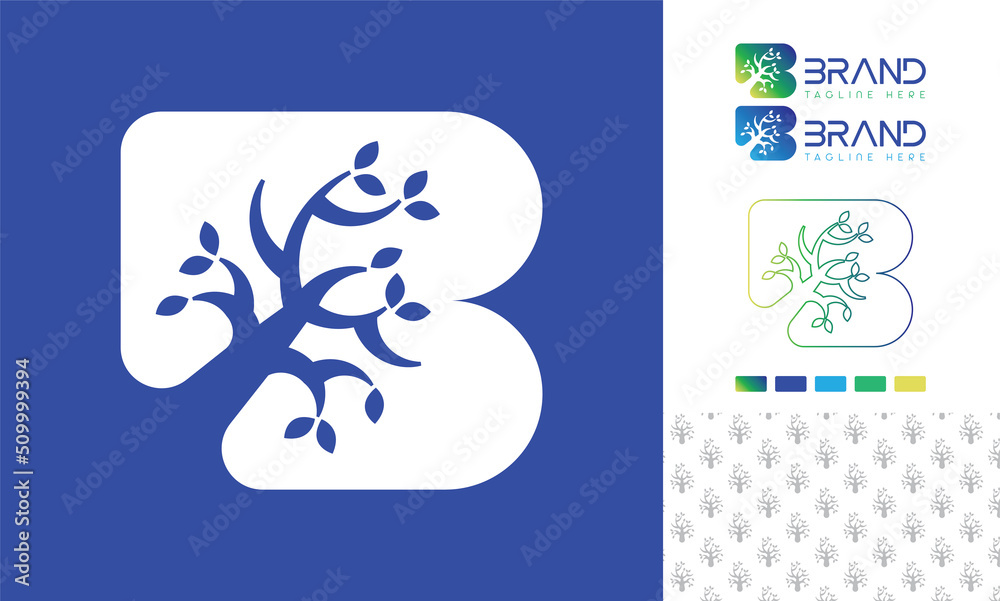 Wall mural alphabet letter b logo with a tree as negative space in bold letter with logo color variation and pa