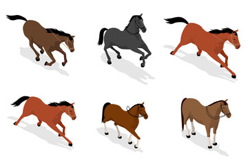 Isometric Horse icon isolated on white background. Animal in various poses standing, walking, trotting, galloping, rearing horses.