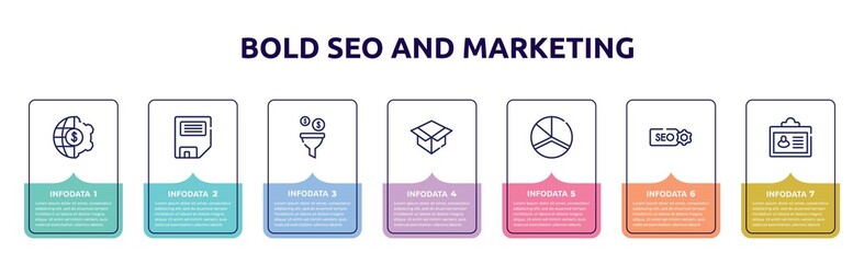 bold seo and marketing concept infographic design template. included finances, disquette, conversion, unboxing, charts, seo label, credential icons and 7 option or steps.
