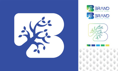 Alphabet letter B logo with a tree as negative space in bold letter with logo color variation and pattern for branding design