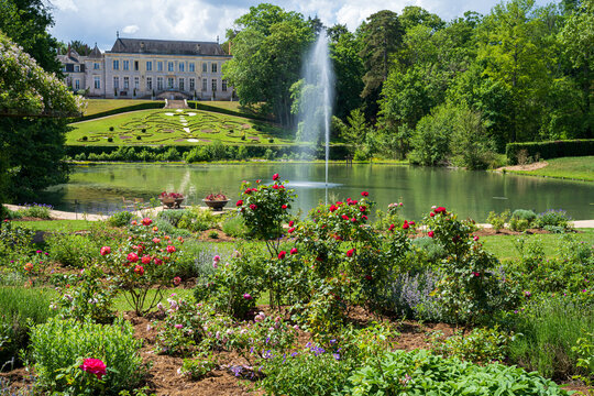 F, Loire, Orl&eacute;ans, Park und Garten, Parc Floral de la Source, Blick aus dme Rosarium auf See und Schloss