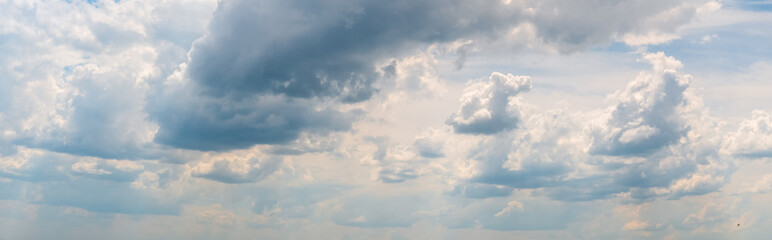 Blue cloudy sky, a cluster of different clouds on a summer June day. 