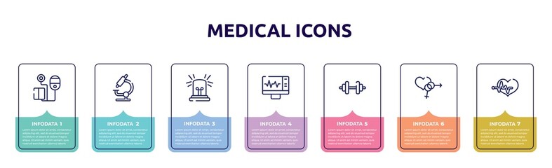 medical icons concept infographic design template. included blood pressure control tool, microscope tool, emergency light, electrocardiogram on screen, weight, united heterosexual, heart beats