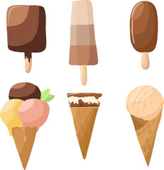 Vector set of 6 chocolate frostings: eskimo and cone, chocolate, crème brulee and fruit. Decorative elements isolated on white