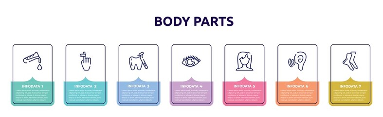 body parts concept infographic design template. included test tube, flask and drop of blood, hand finger with a ribbon, tooth with a dentist tool, eye with enlarged pupil, brunette female woman long