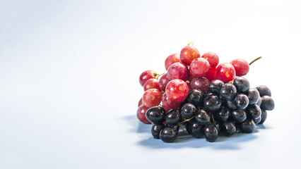 A bright banner branches of black and red grapes with water drops on a light blue background is a...