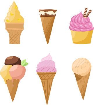 Vector set of 6 ice creams in a cone: chocolate, crème brûlée, raspberry, strawberry, lemon. Decorative elements isolated on white