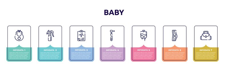 baby concept infographic design template. included baby bib, breast pump, medical results, dental drill, iv, orthopedics, baby bag icons and 7 option or steps.