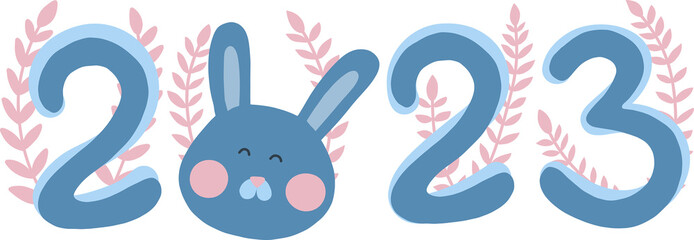 Fototapeta premium 2023 year of Hare. Large blue numbers with bunny and pink leaves. Chinese New Year symbol, festive greeting card. Vector illustration isolated on white background