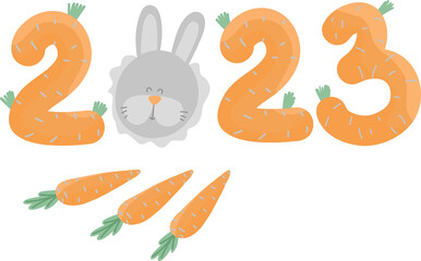 2023 year of Hare. Large orange numbers like carrots with gray bunny. Chinese New Year symbol, festive greeting card. Vector illustration isolated on white background