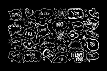 A set of speech bubbles with hand-drawn dialogue words in doodle style. White silhouettes on a black background. Hello, love, sorry, love, kiss, no, bye, etc. Speech patterns. Vector illustration.